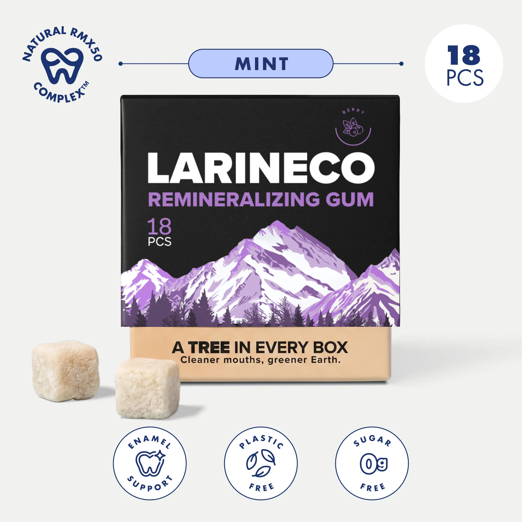 Larineco️ - Berry Remineralizing Gum with Nano Hydroxyapatite & Xylitol – Sugar-Free, Dye-Free, Aspartame-Free – Natural Base – 18 Pieces