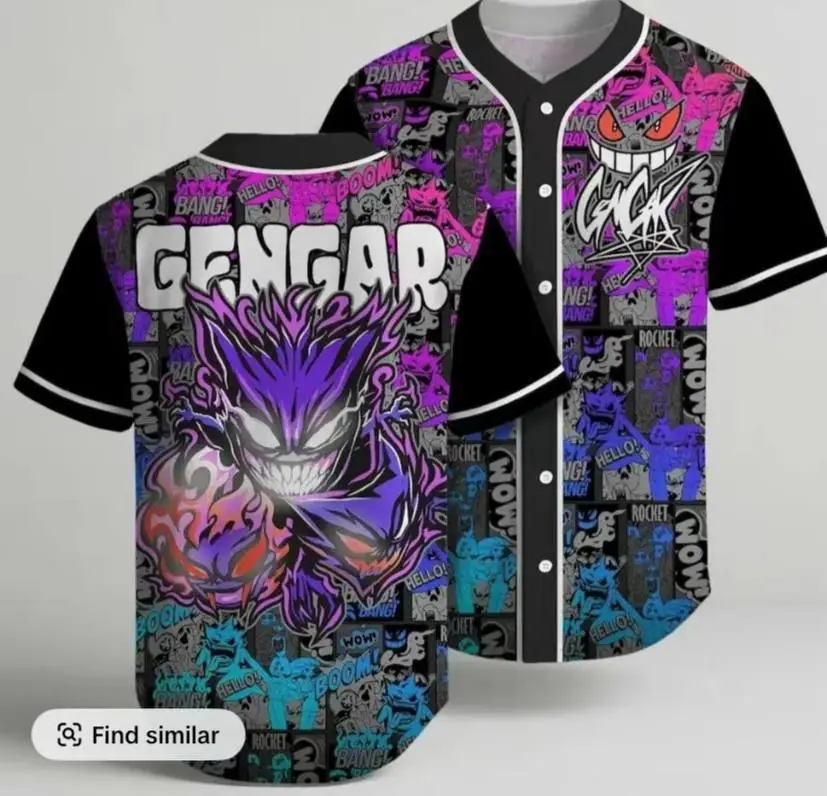 Gengar Inspired Baseball Jersey – Graffiti Comic Button Up Shirt, Purple Monster Fan 3D Print Sports Jersey, Halloween Shirt, Gift For Fan Anime Unisex S-5XL