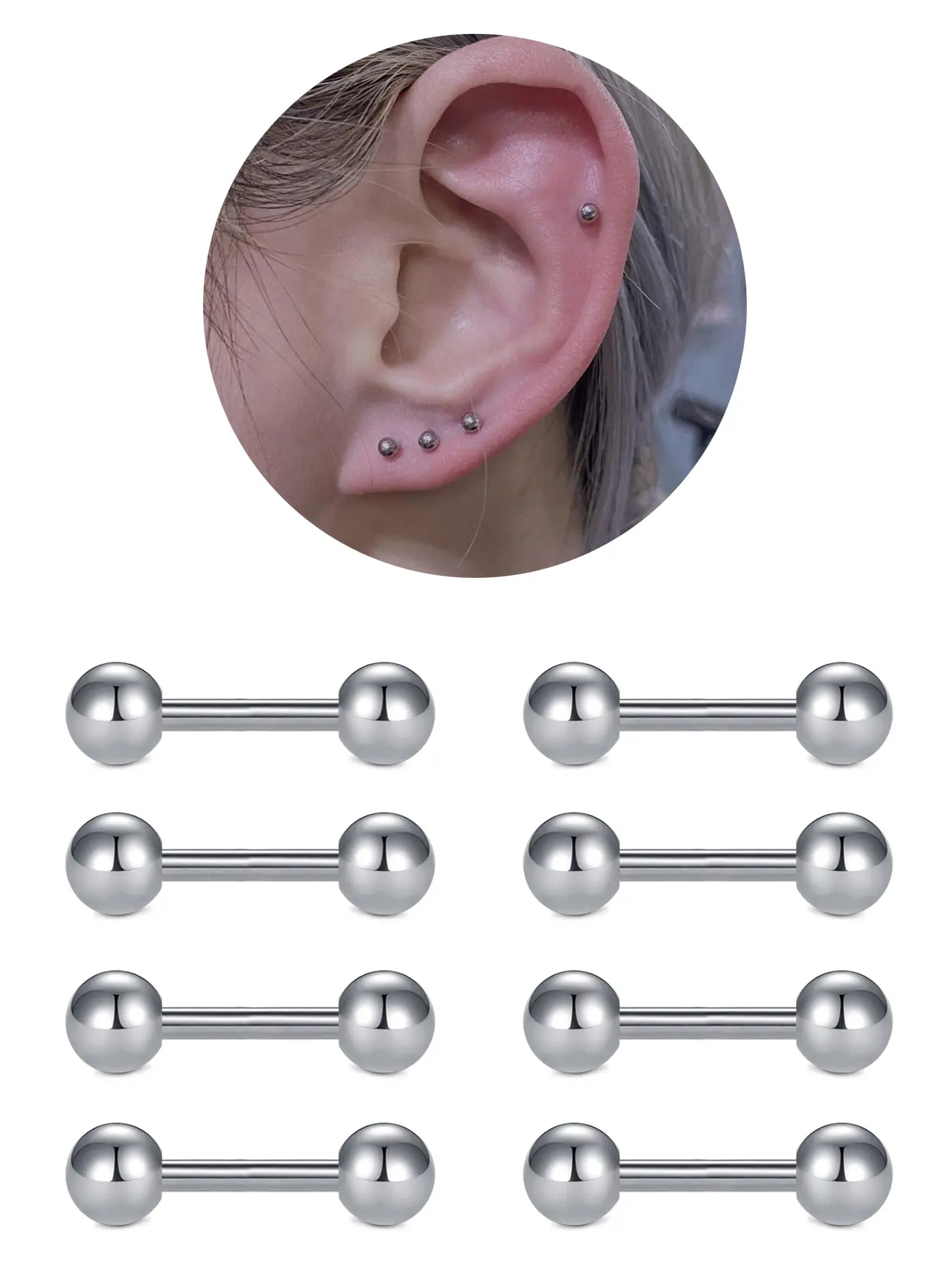 8pcs 16G Tragus Cartilage Helix Earrings Stud Jewelry Stainless Steel 6mm Earring Stud Ball Back Stud Earrings for Women, Body Jewelry