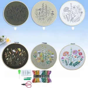 3pcs Embroidery Kits with Flower Pattern, Stamped Embroidery Starter Kit for Beginners Adults Needlepoint Kits DIY Sewing Cross Stitch Practice Kits, Include 1pc Hoop