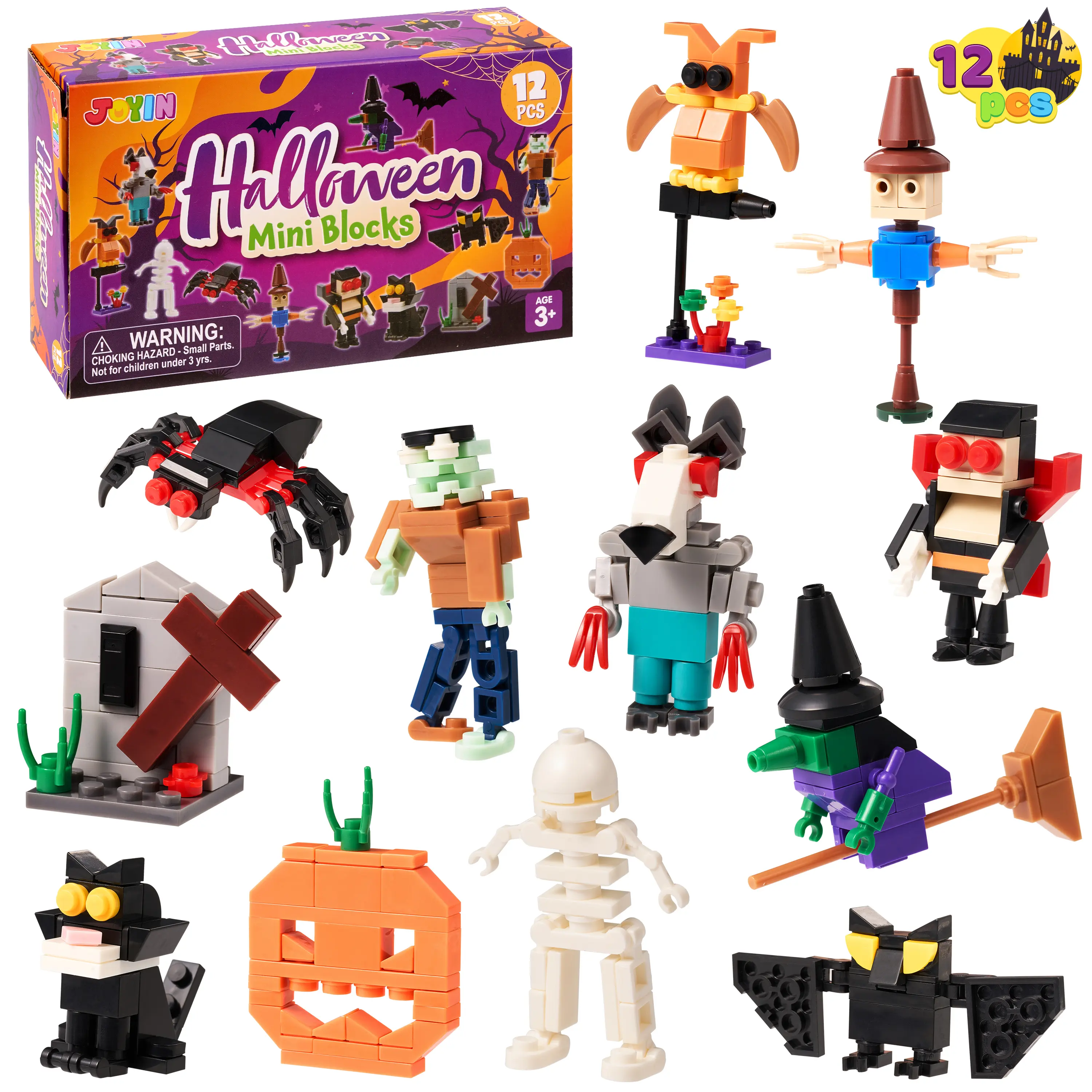 JOYIN 12 Pcs Halloween Character Building Blocks Set, Halloween Devil Building Blocks Kit for Kids Adults Horror Decor Trick or Treat Basket Stuffers Goodie Bags Toys Games Prizes Rewards
