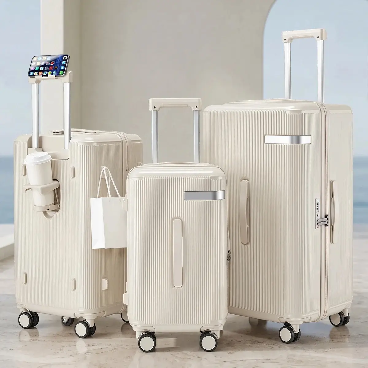 Waterproof Beige 3 Pieces Trolley Travel Suitcase Set Lightweight Hard Shell Travel Pc Luggage Set with Cup Holder
