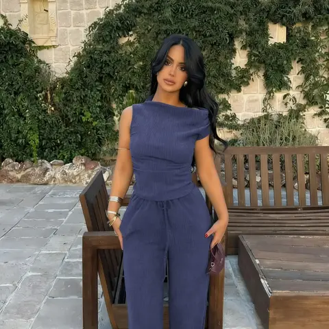 Solid Color Casual Minimalist Off-Shoulder Short Sleeve Fitted Top and Wide Leg Pants Set Outfits, Two Pieces Outfits, Womenswear Lady Stylish Two Piece for Everyday Wear, Clothes, Fashion Clothes Set, Summer Sets, Fitted Knit Set