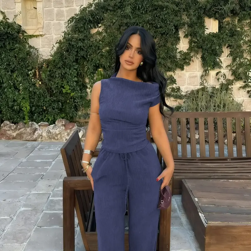 Solid Color Casual Minimalist Off-Shoulder Short Sleeve Fitted Top and Wide Leg Pants Set Outfits, Two Pieces Outfits, Womenswear Lady Stylish Two Piece for Everyday Wear, Clothes, Fashion Clothes Set, Summer Sets, Fitted Knit Set