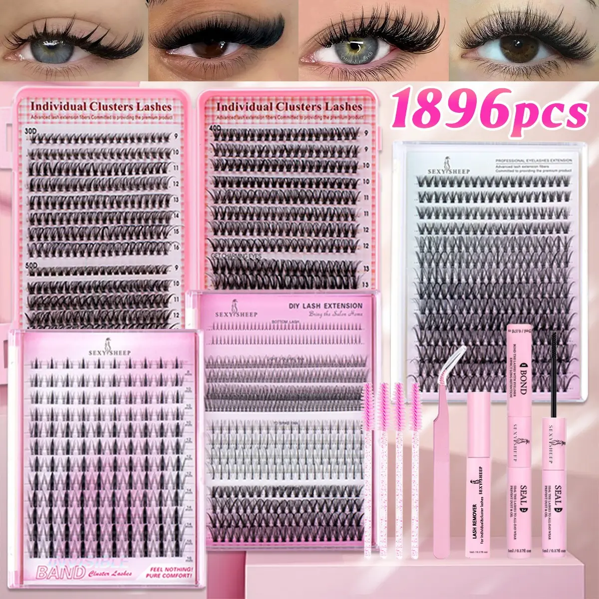 Lash Clusters Kit, 1896-Piece 5–18 mm D Curl Natural Volume Individual Eyelashes Book Set DIY Eyelash Extensions with Bond & Seal, Eyelash Extension Glue, Remover and Tweezers, Includes Lash Tools, Perfect for DIY at Home for Women and Beginners