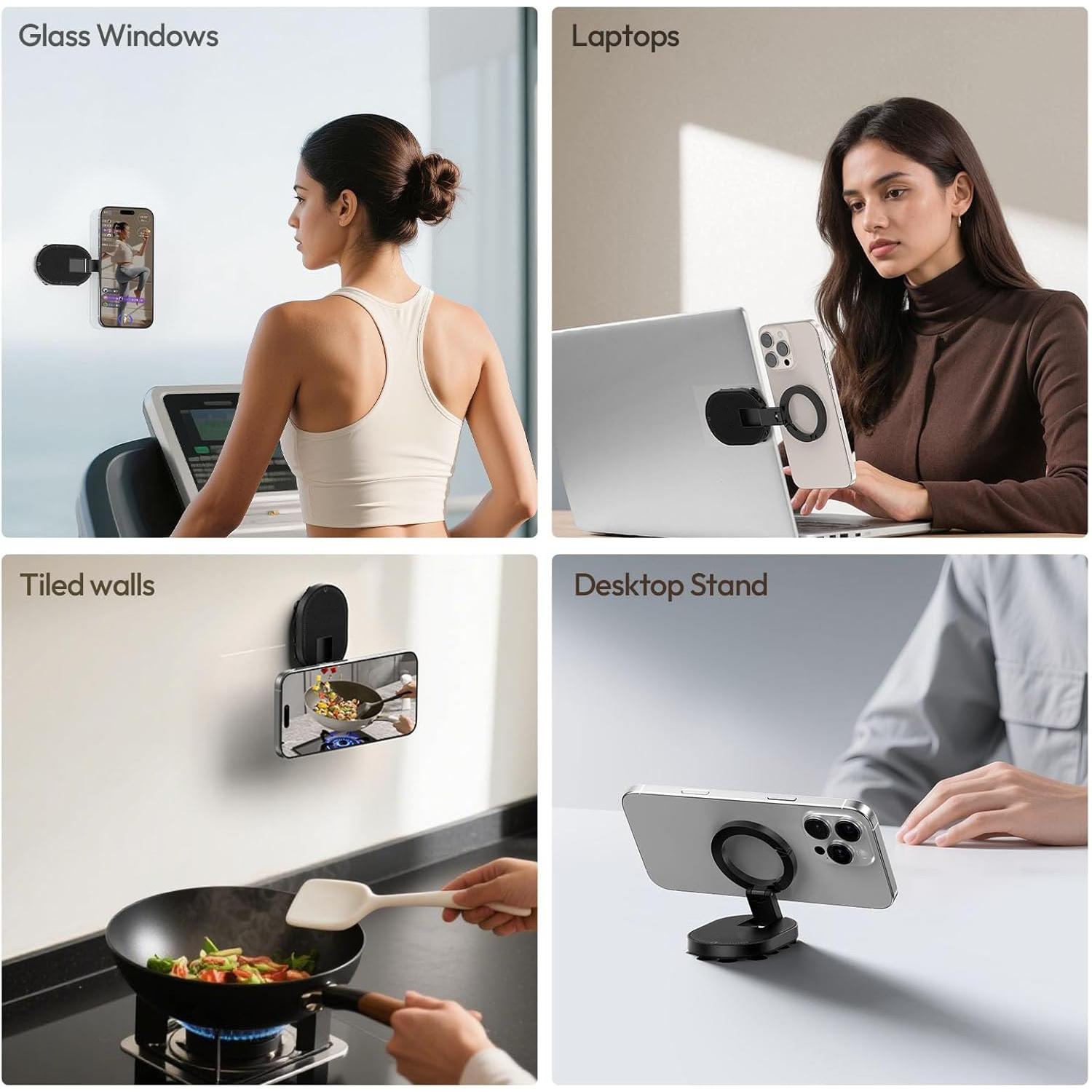 Suction Cup Phone Mount Double-Sided Suction & Magnetic Phone Holder Desktop Stand 360° Rotatable Phone Tripod Mount for iPhone 17 16 15 14 for Car Mirror Glass Gym Kitchen