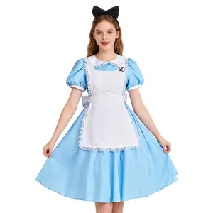 Women's Fitted Blue Alice in Wonderland Maid Dress Costume - Aesthetic Anime Cosplay Uniform, Lady's Roleplay Outfit with Accessories, Stylish Clothes Set