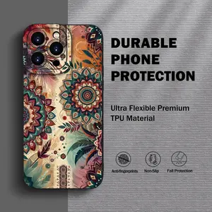 A Stylish And Unique Mandala Pattern Phone Case for Iphone, Compatible with Models 11, 12, 13, 14, 15, 16,17. X, XR, XS, Pro Max, And Plus. It Features a Black Matte Finish with Lens Protection, Made from TPU Material.