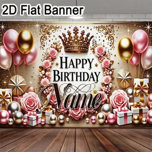 1pc, Happy Birthday Backdrop Golden Pink Celebration Decor, Crown & Roses Party Banner with Balloons & Gift Boxes for Festive Birthday Event Decor