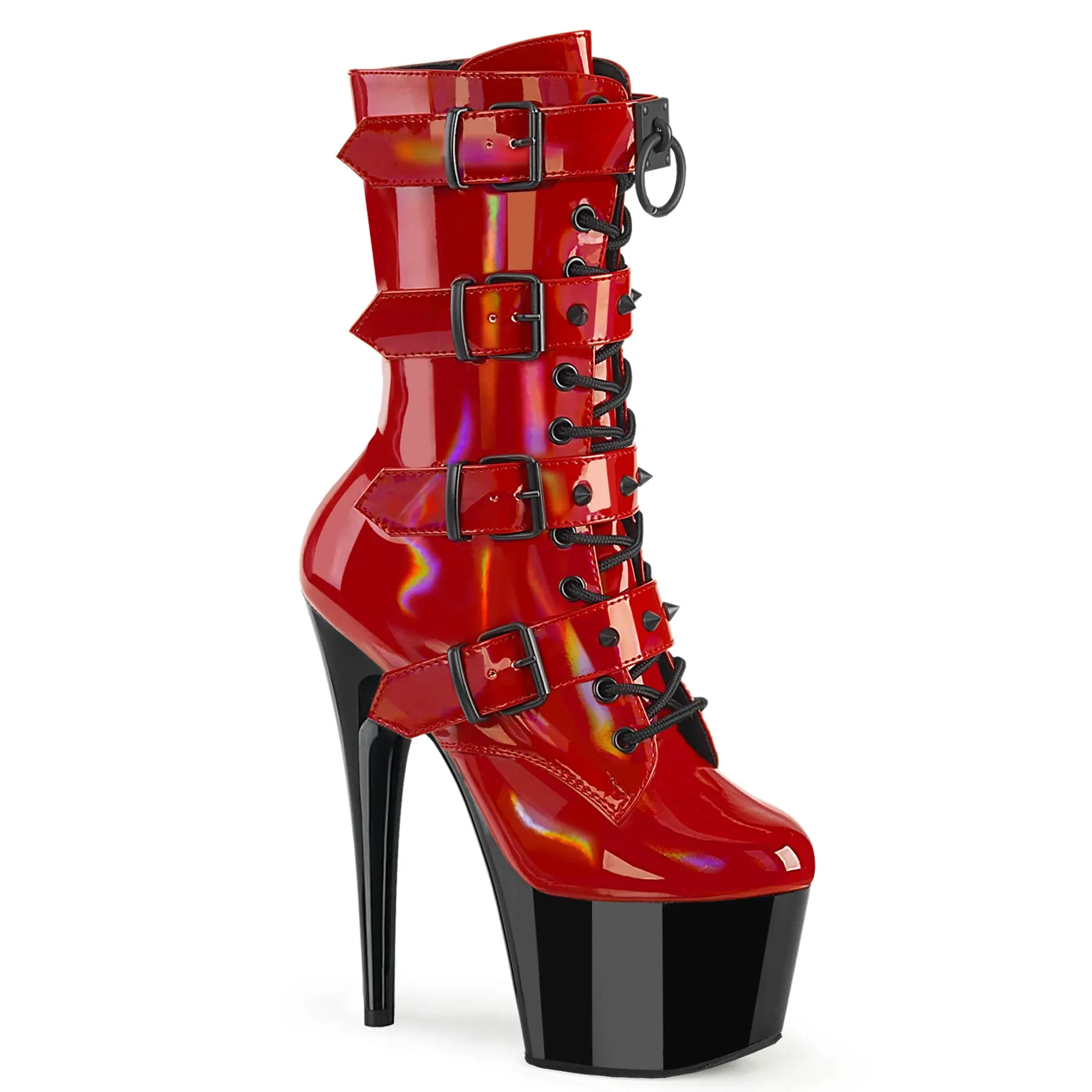 Women's Red Holographic Patent Leather High-Heel Boots - 7-in Heel, Iridescent Finish, Decor Accents, Zip Closure, Platform Sole, Clubwear, ADORE-1046TT Stylish Footwear, Boot, Red Holo Patent, Performing, Glossy Black, Lace, Shoe, Edgy Look, Performers,,