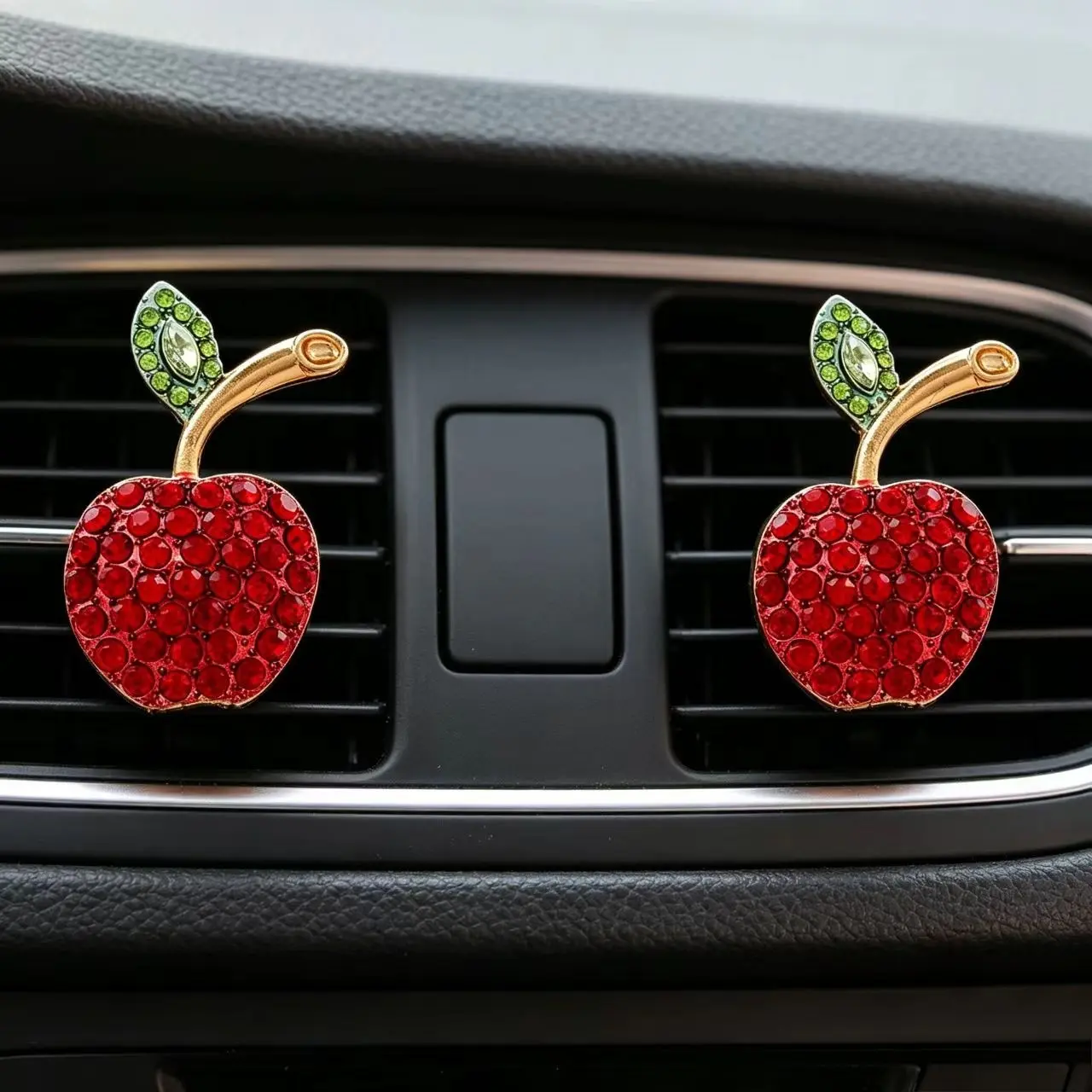 2-Pack Apple Rhinestone Cherry Car Vent Decor, Cute Fruit Shape Car Accessories, Women's Air Conditioning Outlet Decoration, Car Decoration Set