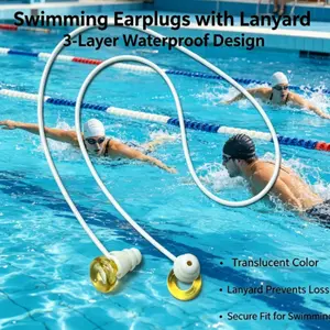Swimming Earplugs with Lanyard, Silicone Lanyard Prevents Loss, 3-Layer Waterproof Silicone Cap, Fashionable Transparent Earplugs, Ideal for Swimming, Diving, Water Parks