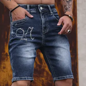 Men’s dark blue denim shorts, vintage street style, rhinestone embellishments, straight cut, versatile mid-length (knee-length) shorts