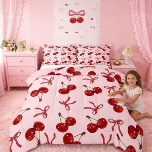 Feelyou Girls Pink Cherry Bow Bedding Set - Microfiber Breathable Soft Blanket, Princess Bow Comforter with Cute Silk Ribbon Bowknot, Multi-Size Girly Kid Blanket Duvet Set