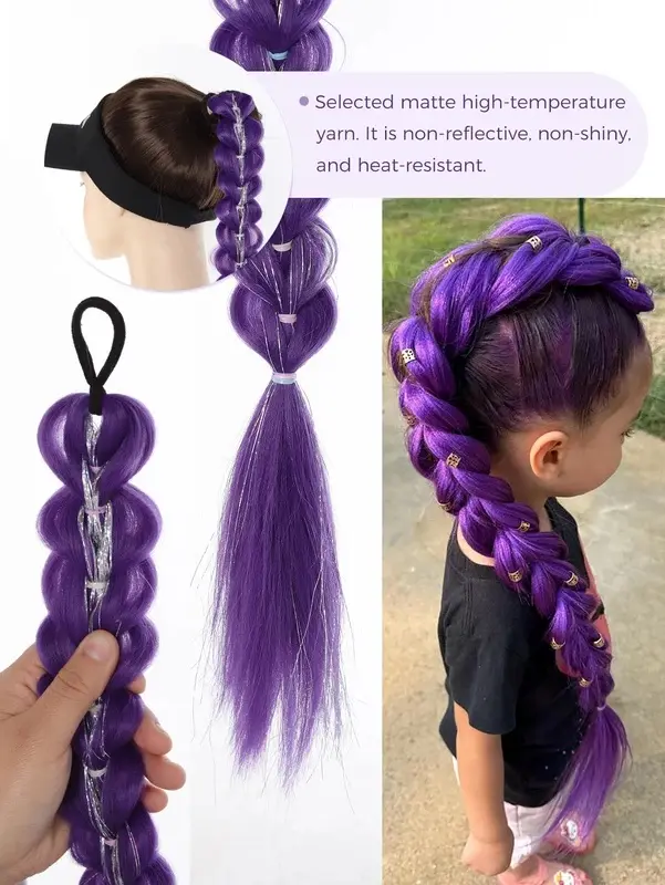 2026 New 32inch Braided Purple Hair Ponytail with Tinsel Hair Wig Super Extensions Shiny Tinsel Hair for Kids Christmas Cosplay Rumi Hair