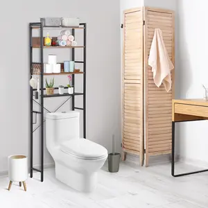 Zenstyle 4-Tier Over The Toilet Storage Rack Bathroom Organizer Wooden Space Saver W/ Hanging Hooks for Balcony Laundry, Rustic Brown