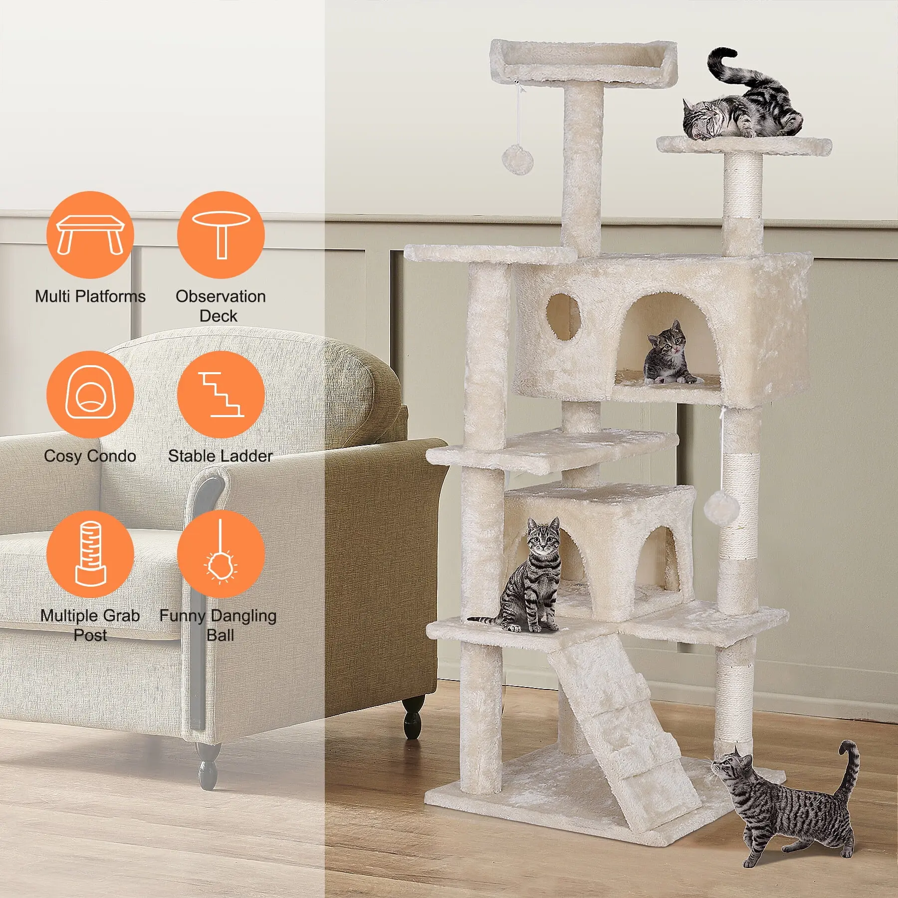 Pet Republic 55-in Multi-Level Calming Cat Tree Condo - Sisal Scratching Posts, Vertical Scratcher, Plush Perch, Safe Climbing, Room-Saving Beige Design for Claw Care