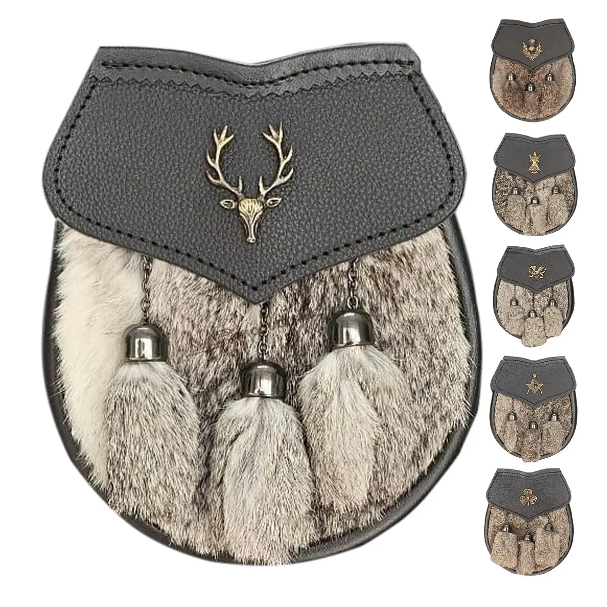 Men's Semi Dress Sporran Brown Formal Fur 3 Tassels Leather Belt Chain Antique Badges