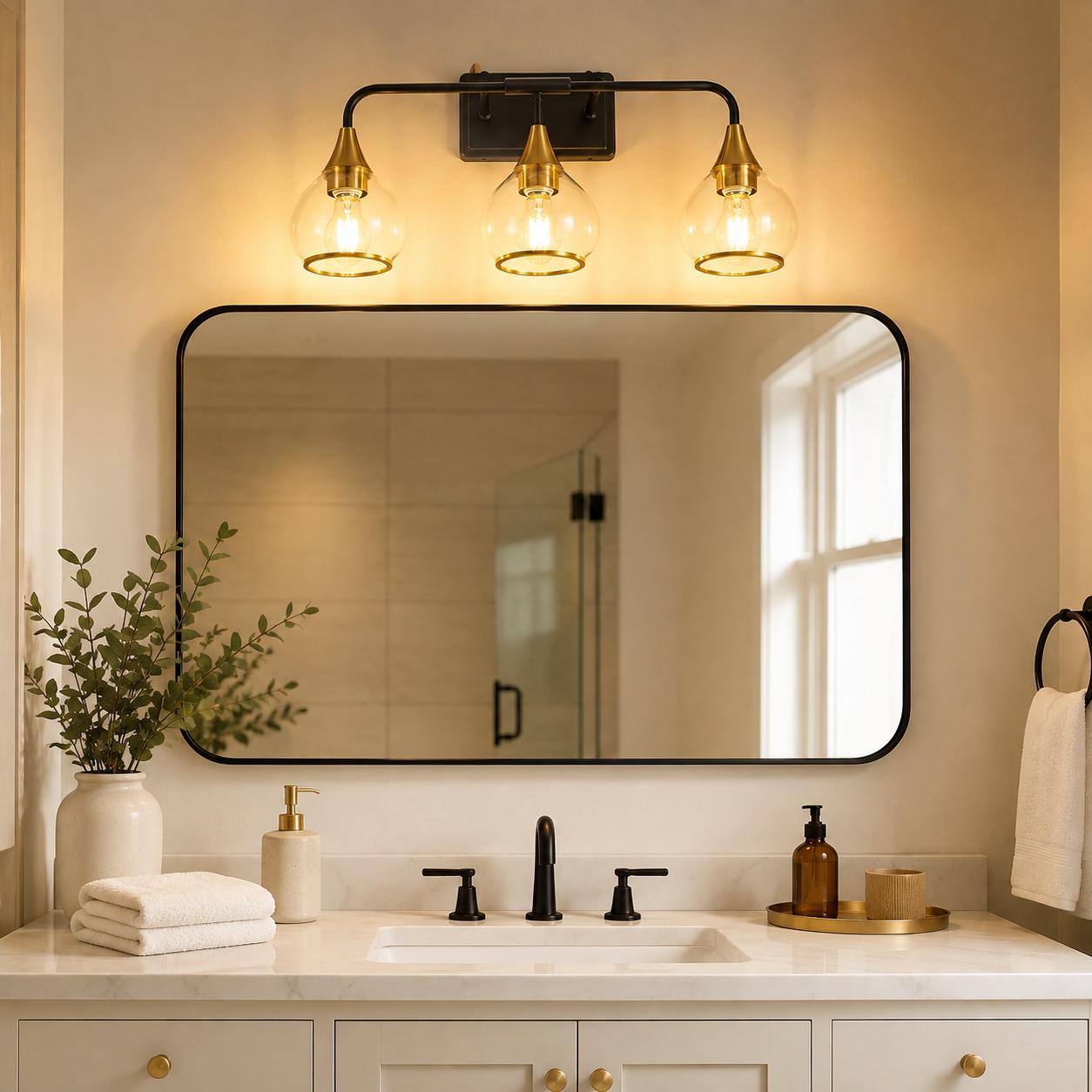 Black and Gold 3-Light Bathroom Vanity Light, 22.4 in Glass Metal Wall Sconce for Over Mirror, Indoor Bath Lighting Fixtures (E26 Bulb Excluded, Dimmable Switch Compatible)