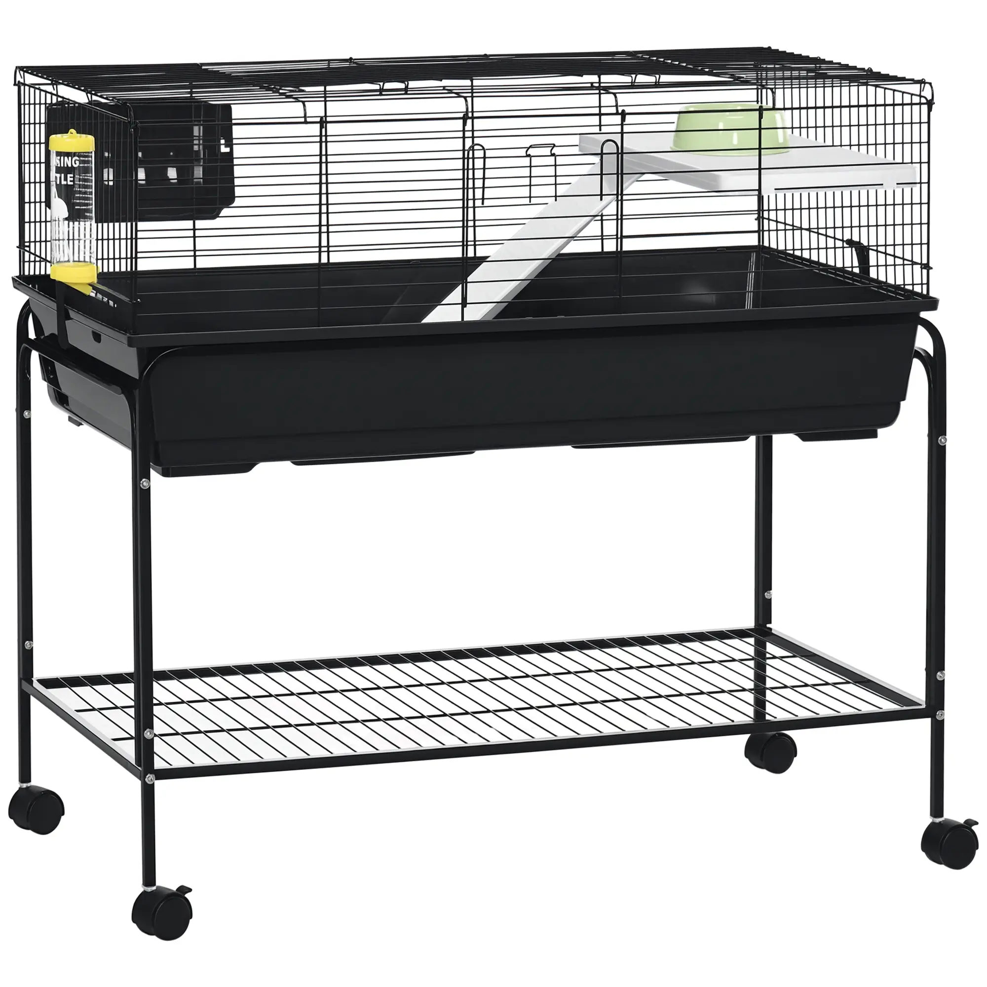 Two-Story Small Animal Cage Removable from Stand, Guinea Pig Cage with Shelf & Wheels, Pet Habitat for Hedgehog, Chinchilla, Ferret, 39" x 20.5" x 36.5", Black