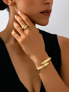 Trendy Geometric Arc Ring, Bold Open Cuff Bracelet, Unique Jewelry Set, Fashionable Finger Joint Ring, Stylish Accessory Collection