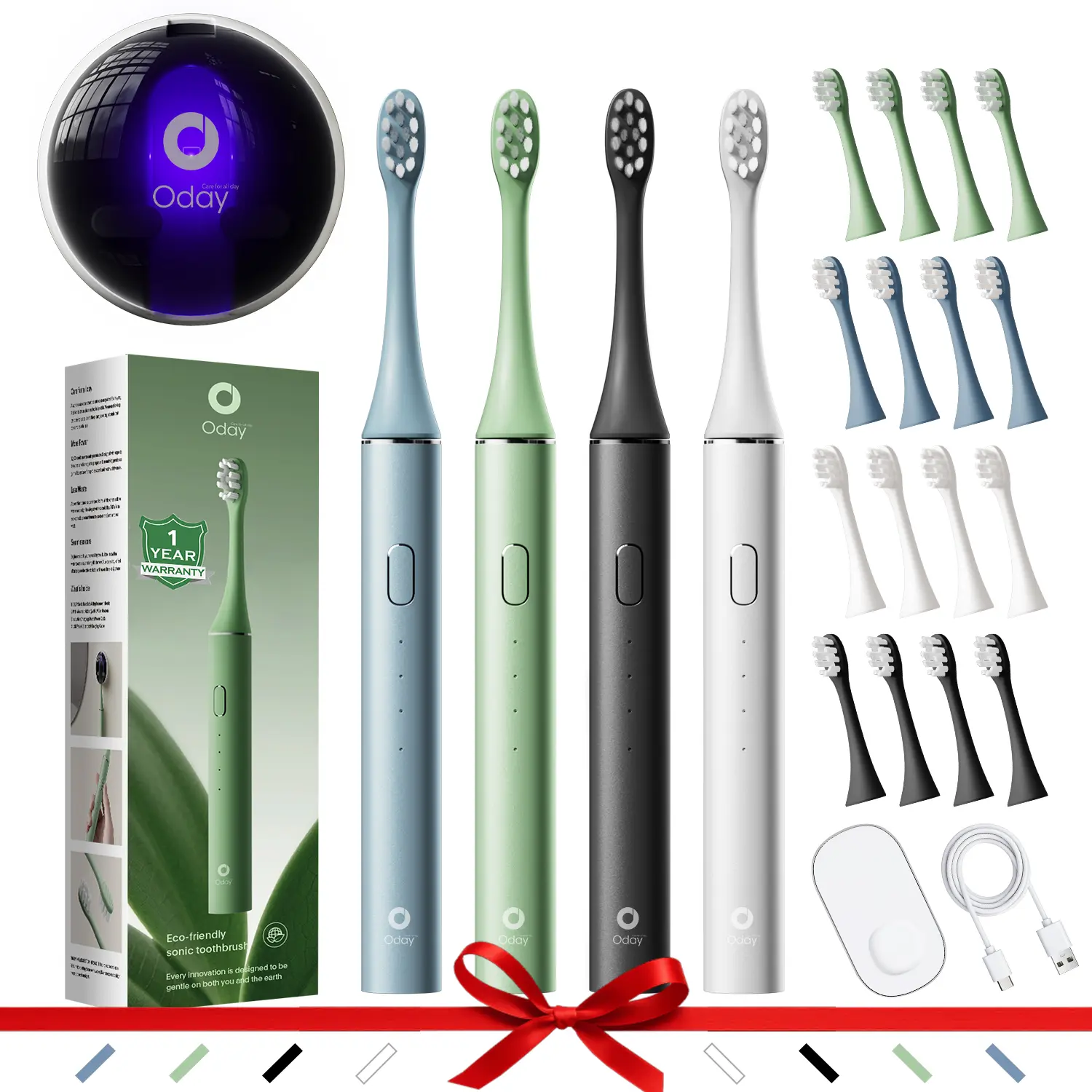 O ODAY CARE FOR ALL DAY Sonic Electric Toothbrush Gift Set, Rechargeable with Wireless Charger & Antibacterial UV Sanitizer, Waterproof Oral Care Beauty Products for Adults with 4 Soft Heads for Deep Cleansing, Cells, 4 Soft Replacement Brush Heads