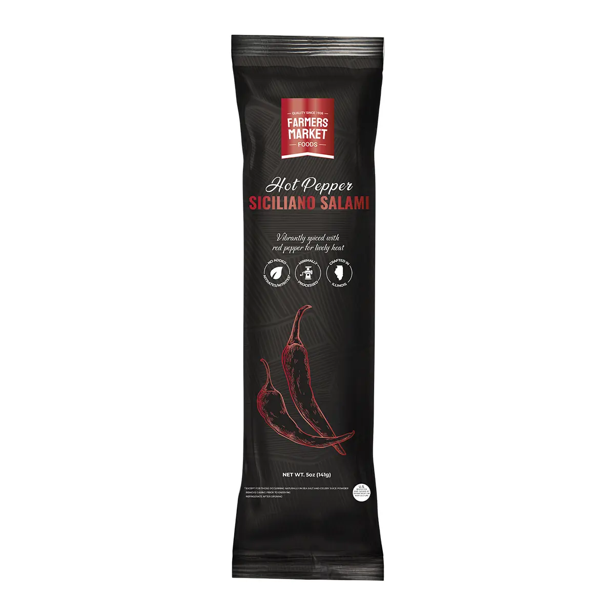 Farmers Market Foods Hot Pepper Siciliano Salami – Wisconsin Made Clean Label Salami, No Added Nitrates or Nitrites, Gluten Free, High Protein, Low Carb, Shelf Stable Spicy Gourmet Meat Snack