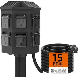 Outdoor Power Strip with Stake , 15 FT Extension Cord, 6 Grounded Outlets for Outdoor Lights, 14 AWG, 15A/1875W, ETL Listed