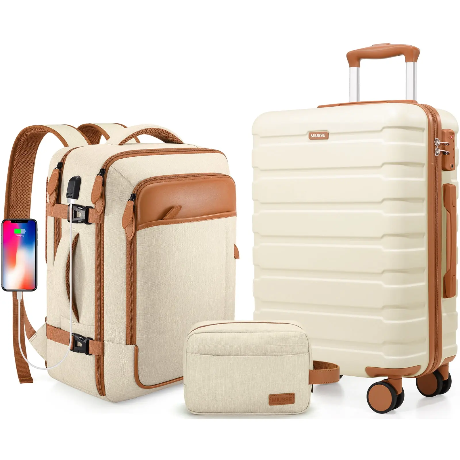 MIUSSE Carry on Luggage Set 3 Piece Hard Shell Luggage Sets with YKK Zipper Spinner Wheels TSA Lock Carry on with Backpack Set