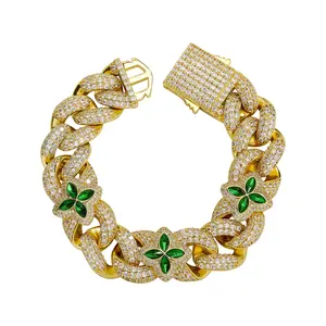 ORPHIC Hip Hop 20mm fully inlaid 8A+CZ four-leaf clover green gemstone bracelet for men and women, Send gift box, Unisex