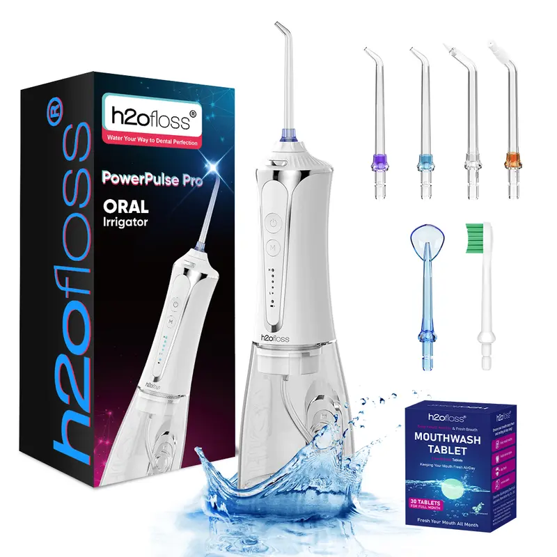 h2ofloss Professional Cordless Water Flosser HF-P11White  300ML Tank, IPX7 Waterproof, 5 Adjustable Water Pressure Modes, USB Rechargeable Oral Irrigator for Teeth Whitening，water flosser
