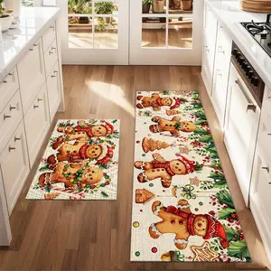 2Pcs Christmas Gingerbread Man Christmas Tree Floor Mat Set Farmhouse Kitchen Rug Dining Room Flooring Laundry Room Decor Carpet Mat
