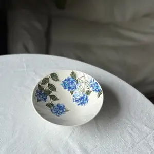 Handmade pottery bowl with blue hydrangea. Flower ceramic tableware. Birthday, wedding, festival gift.