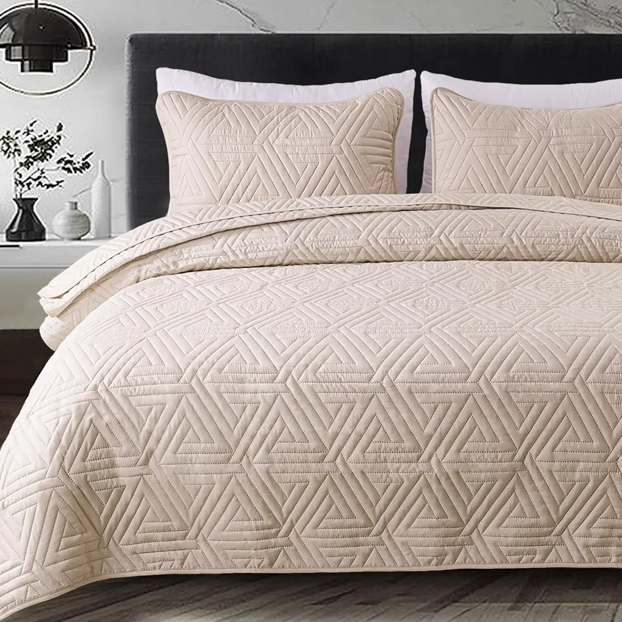 Whale Flotilla Soft Quilt Set for All Seasons,Ultrasonic Geometric Bedding Set, Lightweight Reversible Bedspread, Coverlet, Bed Cover with Pillow Sham