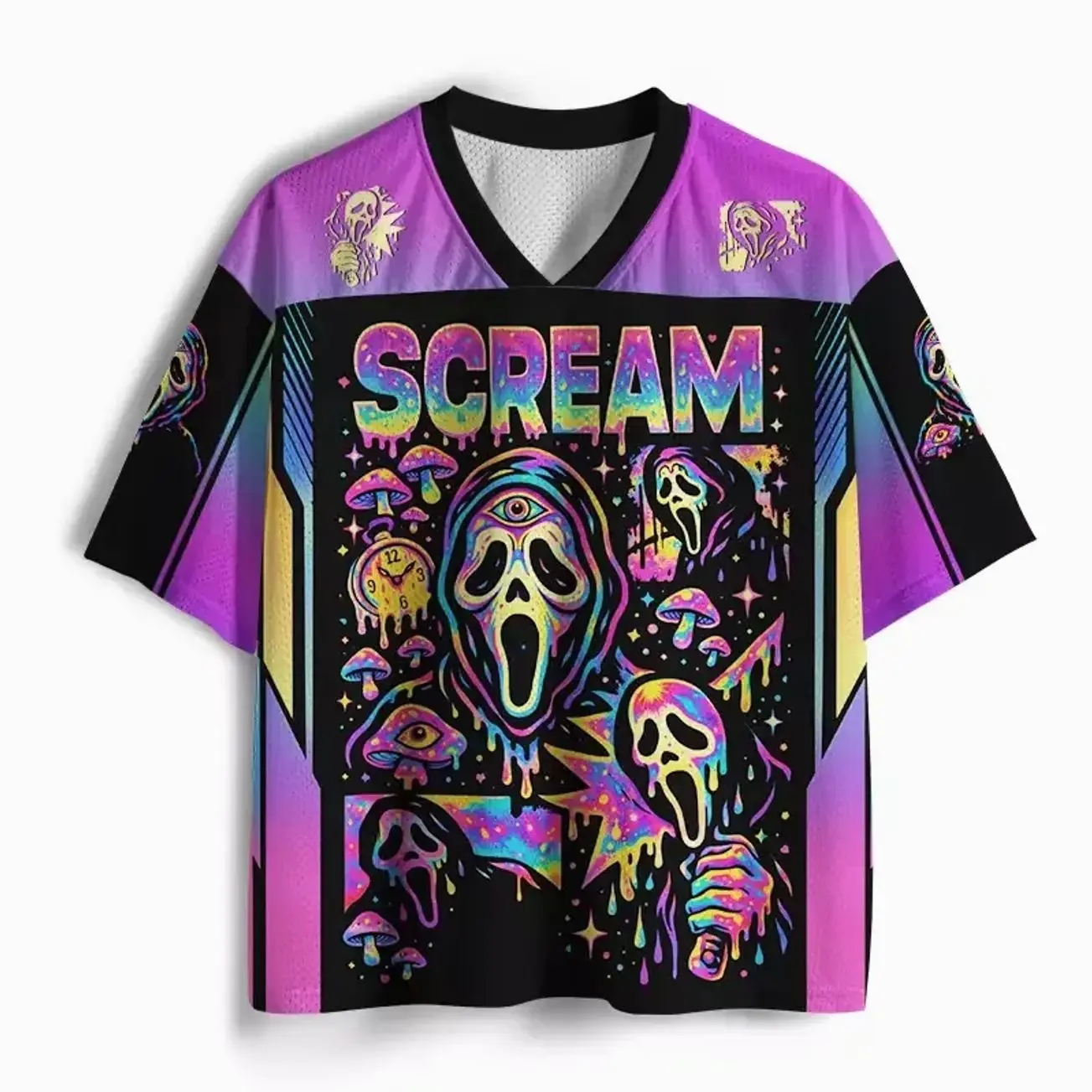 SCREAM Melting Fear Vision Mesh Jersey, Horror Inspired Graphic Sports Shirt, Dark Gothic Y2K Streetwear Mesh Top, Melting Face Fear Design, Breathable Oversized Unisex Jersey, Edgy Casual Summer Shirt for Men & Women KYM