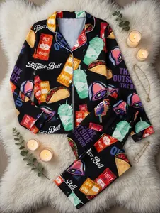 Women Satin Pajamas, Fast Food Pajamas Set, Funny Sleepwear, Taco Satin Pajamas, Think Outside Pijamas Set