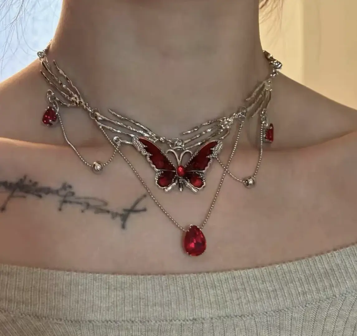 Women's Y2K Red Butterfly Tassel Layered Clavicle Necklace - Gothic Devil Claw Exaggerated Neck Chain, Trendy Sweet Cool Costume Jewelry for Party, Daily Outfits