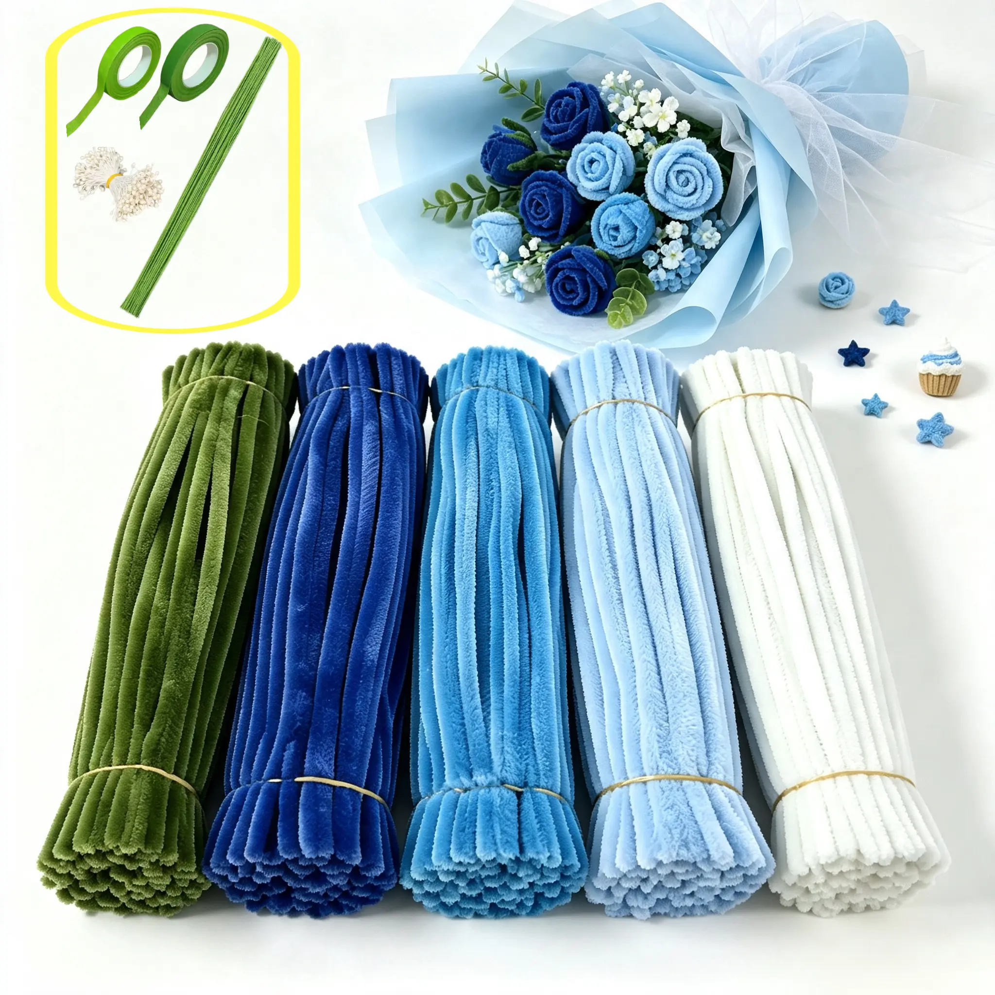 DIY Pipe Cleaner Flower Craft Kit Blue Set 592Pcs |  Boxed Pipe Cleaner Strips, Floral Wire, Floral Tape, Flower Stamens, DIY Floral Supplies for Handmade Flower Making
