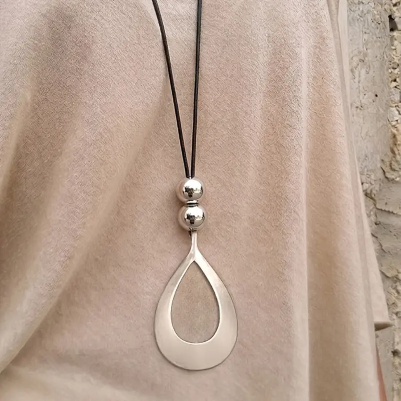 1PC Unisex Big Water Drop Silver Hollow Black Rope Long Necklace - Simple Personalized Style for Couple Daily Gatherings jewelry