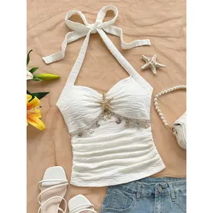 Women’s white pleated camisole vest with starfish decoration and a slim-fit cut, ideal for summer beach and everyday wear GARMENTARY