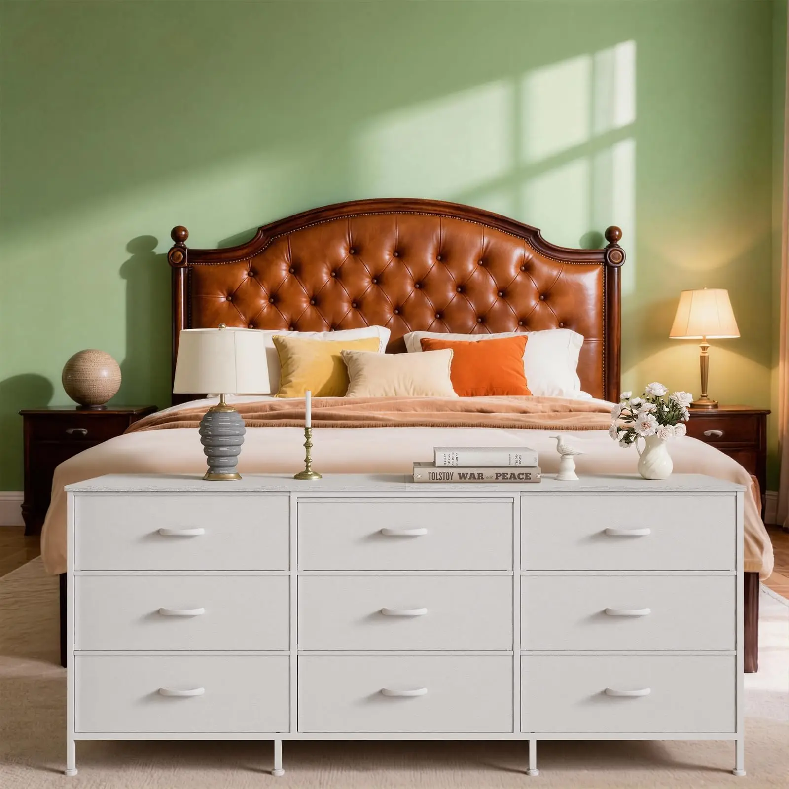 Garvee 63" Multi-Function Entertainment Center - Wooden Top Dresser Storage Cabinet with 9 Fabric Storage Drawers, Organizer Rack Drawer Units, Vertical Organizer for Living Room Bedroom, Easy Assembly, Dresser Storage Cabinets