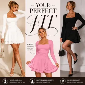 Hot girl's slim-fit square-neck long-sleeve winter dress with a high-end feel