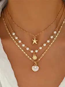 3pcs Summer Bohemian Style Multi-Color Faux Pearl Multi-Layer Necklace Set With Shell Pendant, Suitable For Beach, Travel, Daily Decoration, Outfit Matching, Dating, Party, Holiday Gift