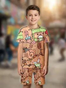 Boys' Cartoon Watermelon Milk Tea Fruit Colorful Patchwork Clothing Set, Casual Short Sleeve Two-Piece, Fitted H-Type Shorts, Clothes Kids
