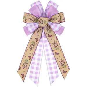 Lavender Butterfly Wreath Bow, 21 Inch Large Purple Spring Burlap Wired Ribbon for Front Door, Rustic Farmhouse Decor, Tree Topper