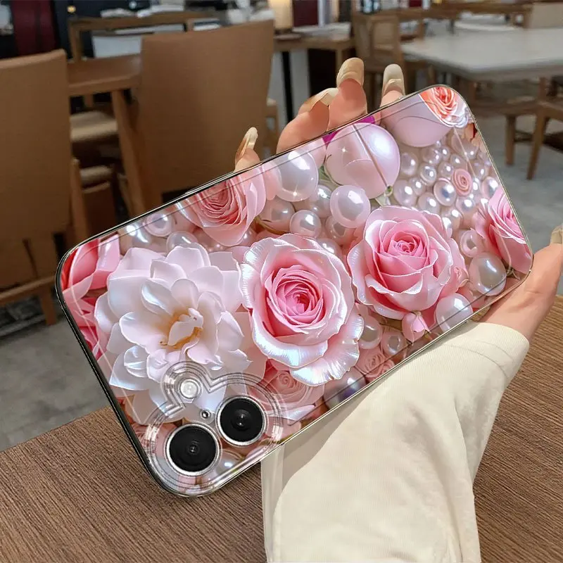 Phone Case: Pearlescent Powder Rose Pattern Phone Case, Suitable for iPhone 17, 17 Air, 16, 15, 14, 13, 12, 11, Pro Max, X, XS, XR, XS MAX, 7, 8, 6, 6S Plus. Cartoon Transparent Drop-Proof Fashionable Shockproof Soft Case. Transparent Phone Case summerwin