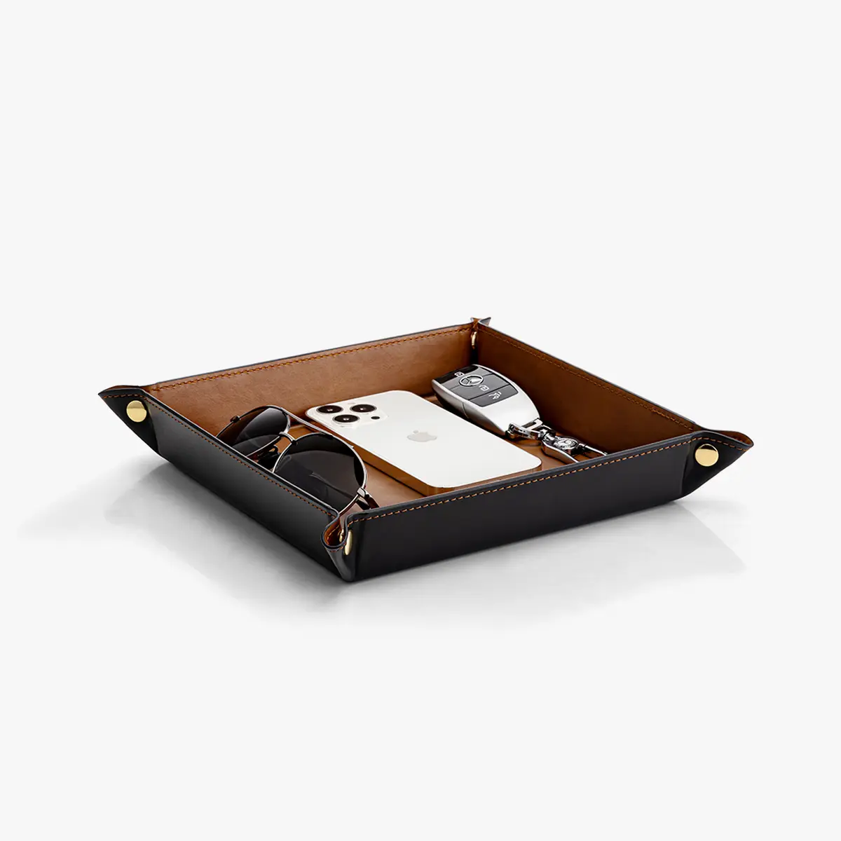 VLANDO Classic Square Waterproof Synthetic PU Leather Valet Tray Catchall - 28.5x28.5cm Durable Storage Organizer, Collapsible Organizer Storage Boxes with Adjustable Button-Closure for Entryway Keys, Phone, Watch, Bedroom Holder with Tray