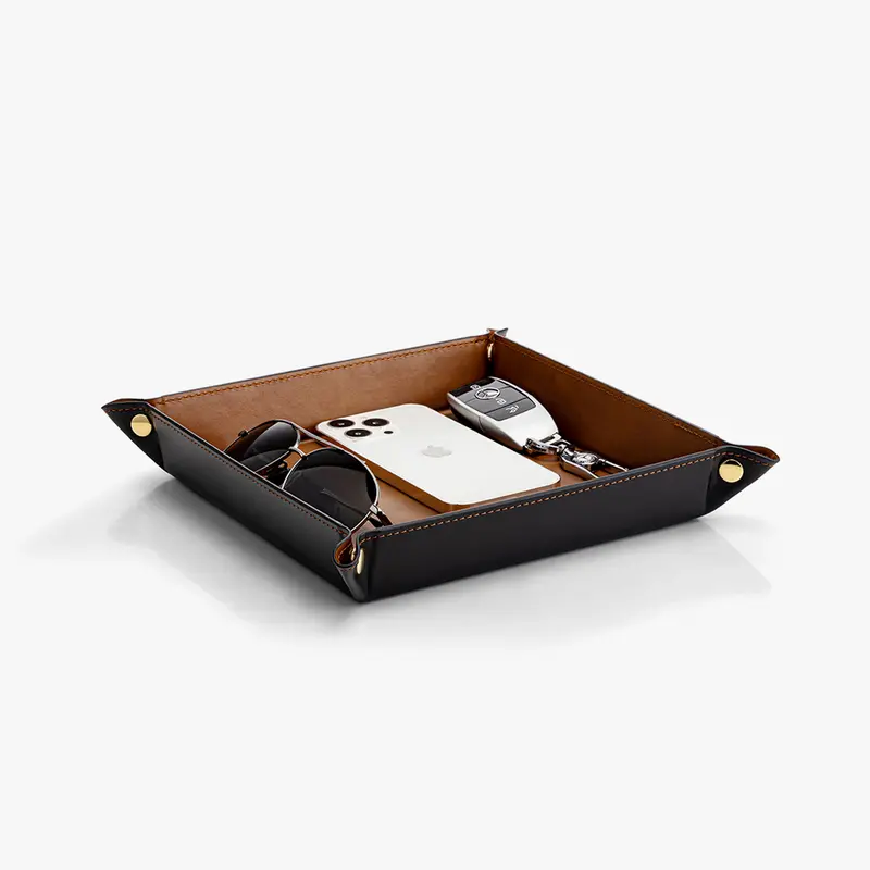 VLANDO Classic Square Wear-Resist PU Leather Valet Tray - 28.5 x 28.5 cm Collapsible Organizer, Waterproof Dustproof Storage Box with Adjustable Button-Closure, Desk/Bedside Fit Household Decor for Keys/Phone