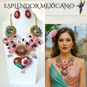 Mexican Artisan Handmade Beaded Necklace Set with Hand Painted Pink Ceramic Heart & Earrings/Boho/Made in Mexico/Collar de Corazon Ceramica