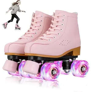 High-top PU Leather Roller Skates for Women, Outdoor Roller Derby Skates for Unisex Beginners with Light up Wheels